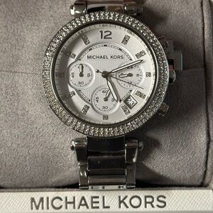 Michael Kors Silver Chronograph Watch with Crystal Bezel